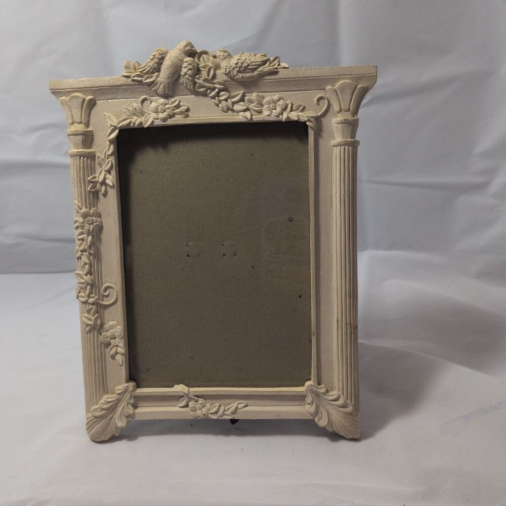 Vtg Shabby Chic Resin Picture Frame Twin Birds Floral Garland Fluted Columns